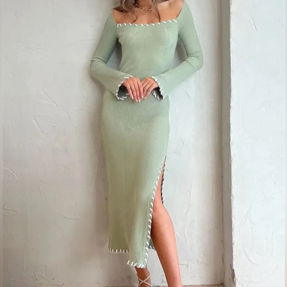 Mon Renn Trace Knit Sage Green Midi Dress.